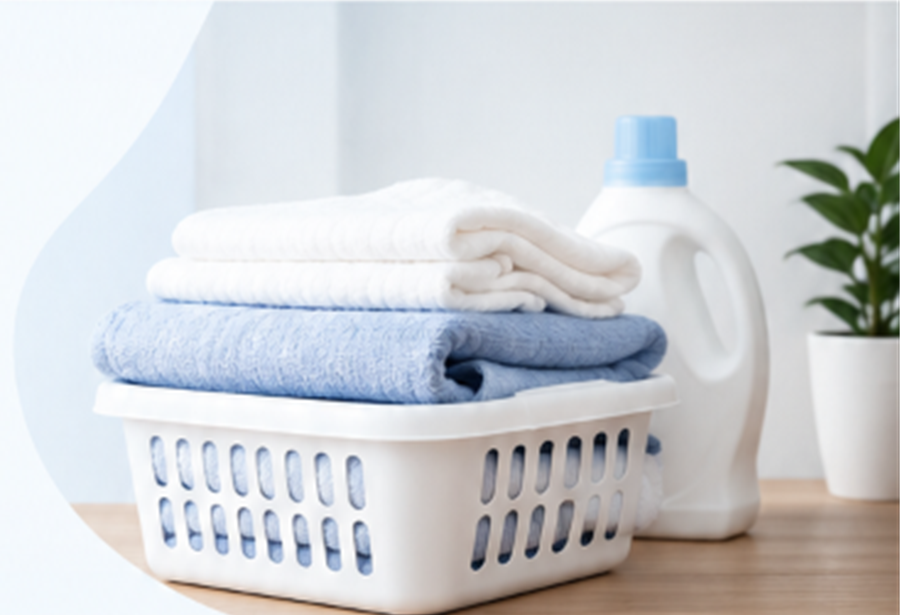 Keranjang pakaian bersih, handuk putih, handuk biru, dan perlengkapan laundry profesional